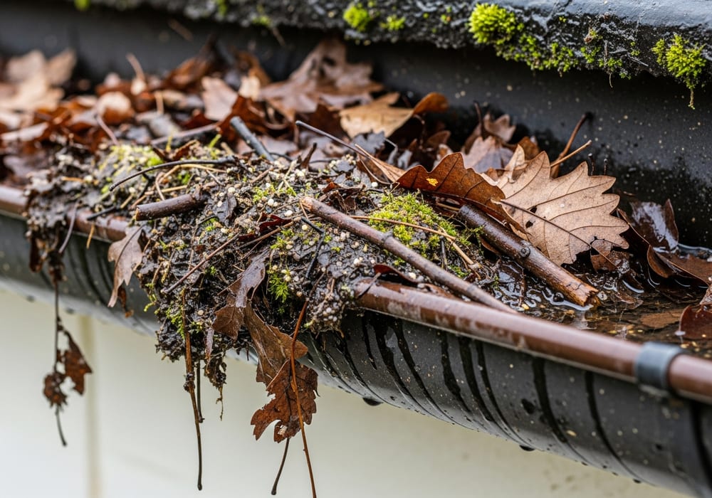 Gutter clogged with leaves and moss before cleaning