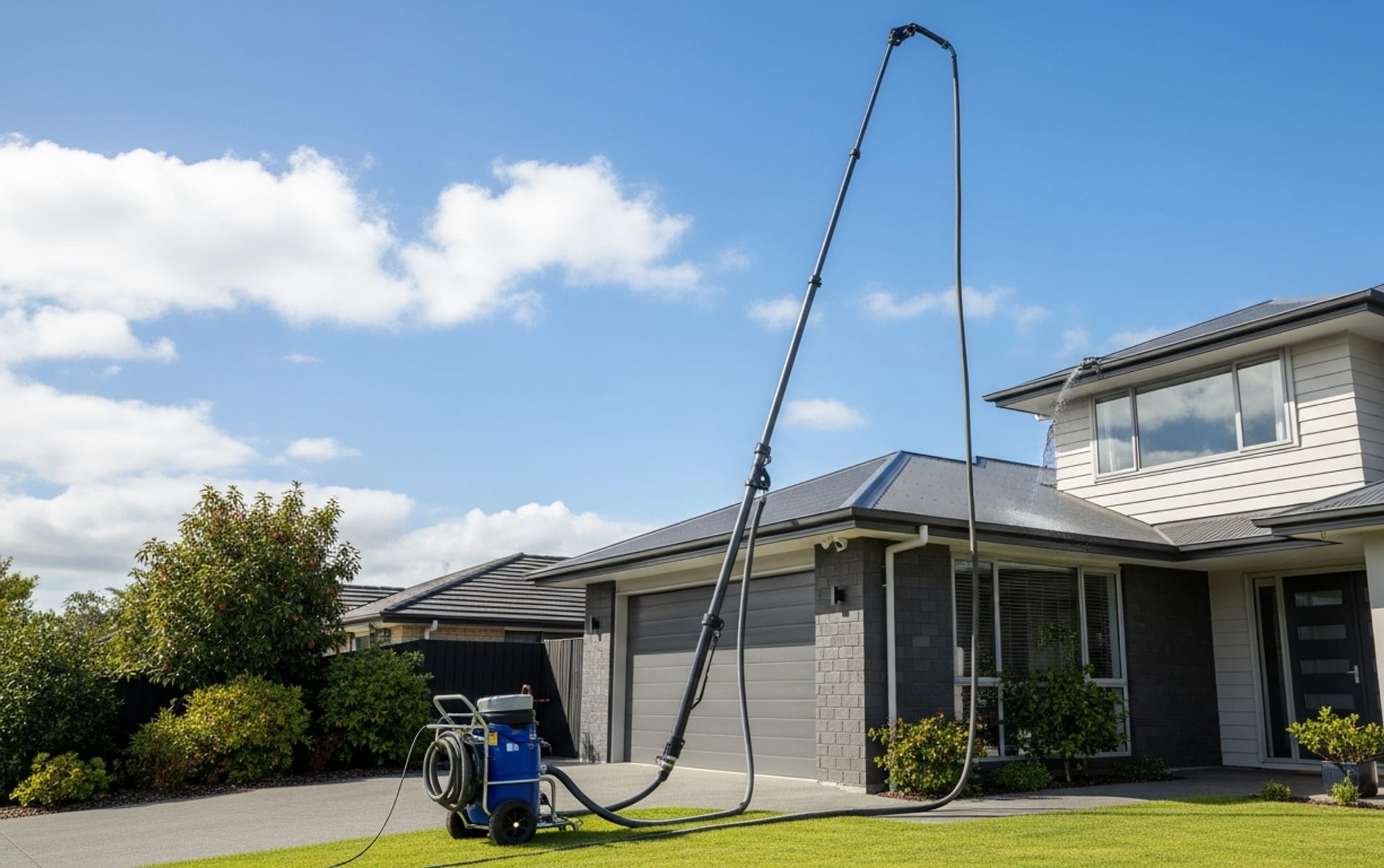 SkyVac ground-based gutter vacuum cleaning an Auckland home with no ladders