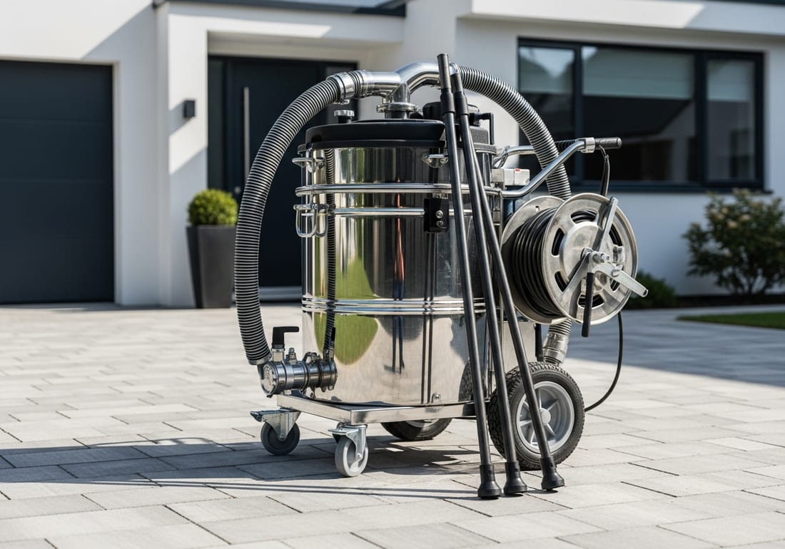 SkyVac gutter vacuum machine on a driveway