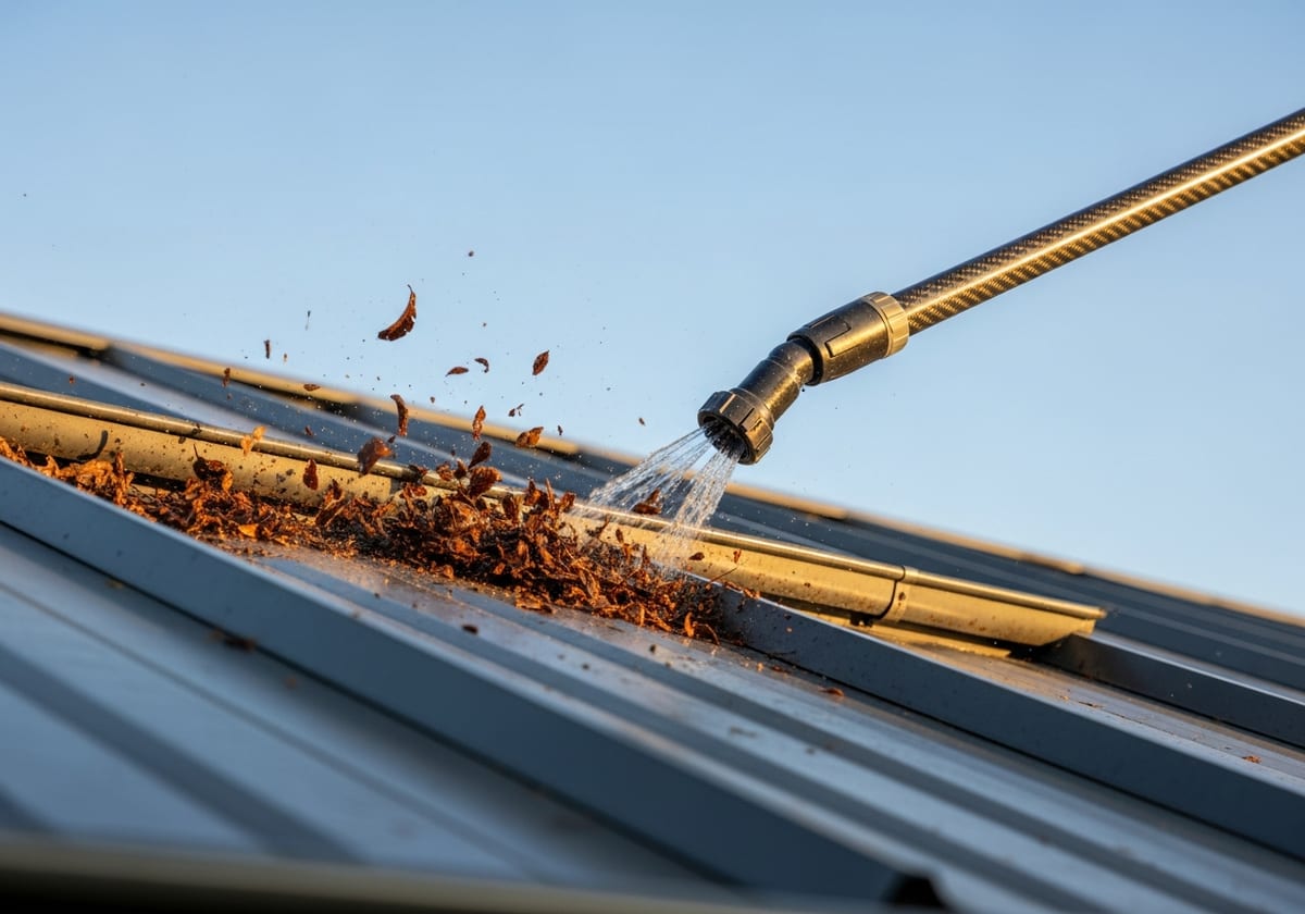 SkyVac carbon-fibre pole vacuuming leaves from a gutter